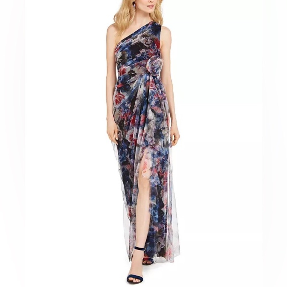 Adrianna Papell one shoulder printed chiffon gown